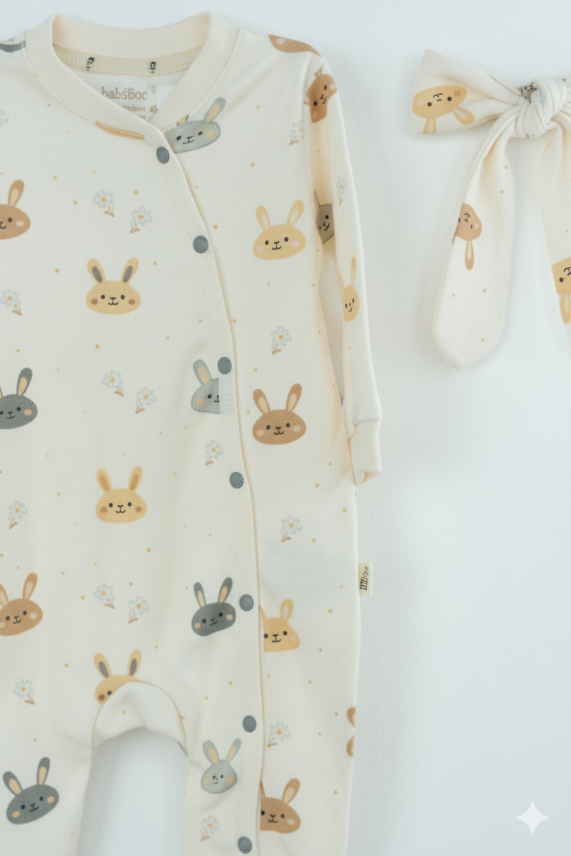 Oppland Kız Bebek Tulum %100 Pamuk Kumaş Uzun Kol Baskılı Patikli Çıtçıtlı Bandanalı Yeni Doğan