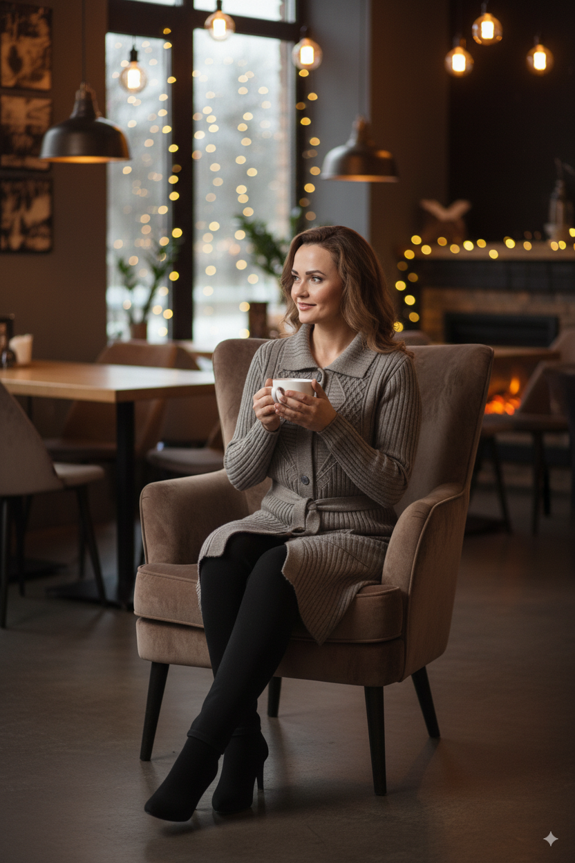 Kadın Kışlık Yünlü Örme Anne Hırka Bebe Yaka Hanedan Taşı Motifli Çift Cepli Düğmeli Likralı