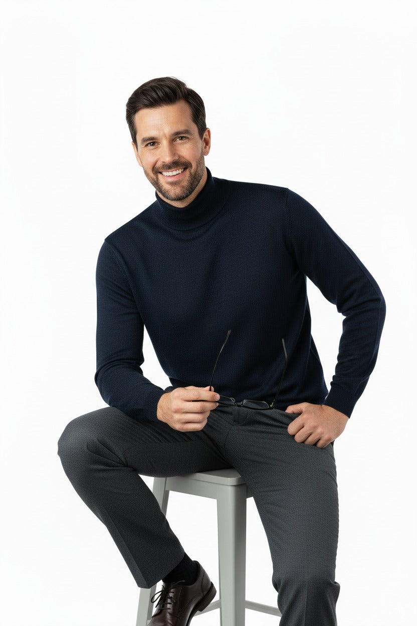 Erkek Uzun Kollu Yarım Balıkçı Yaka Klasik Model Rahat Kesim Tam Kalıp Yünlü Dokuma Kazak