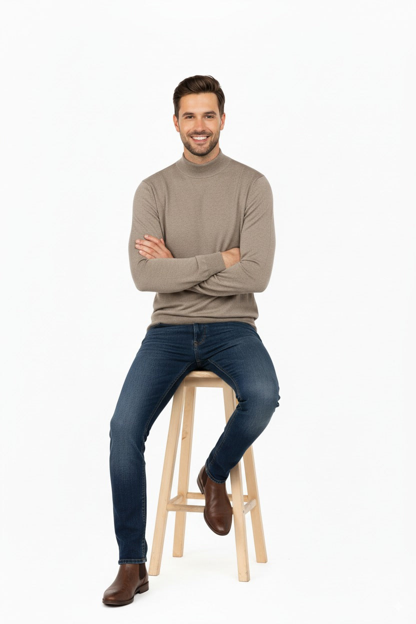 Erkek Uzun Kollu Yarım Balıkçı Yaka Klasik Model Rahat Kesim Tam Kalıp Yünlü Dokuma Kazak